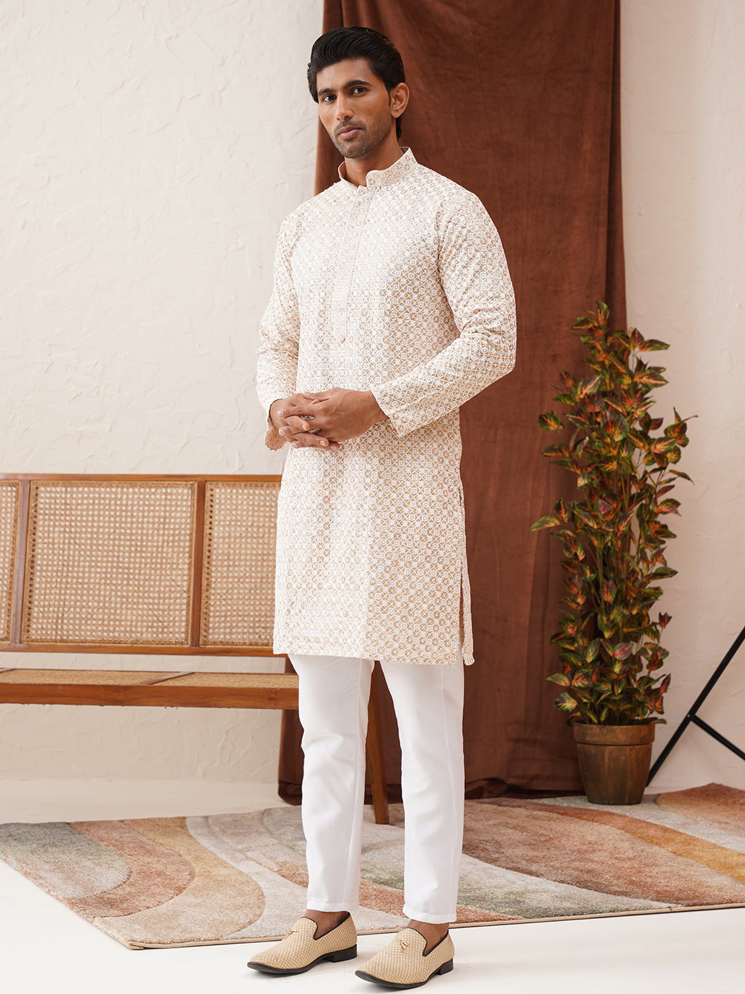 Sequins & Embroidered Kurta Pyjama Set For Men ( JOKP P 5128Beige )