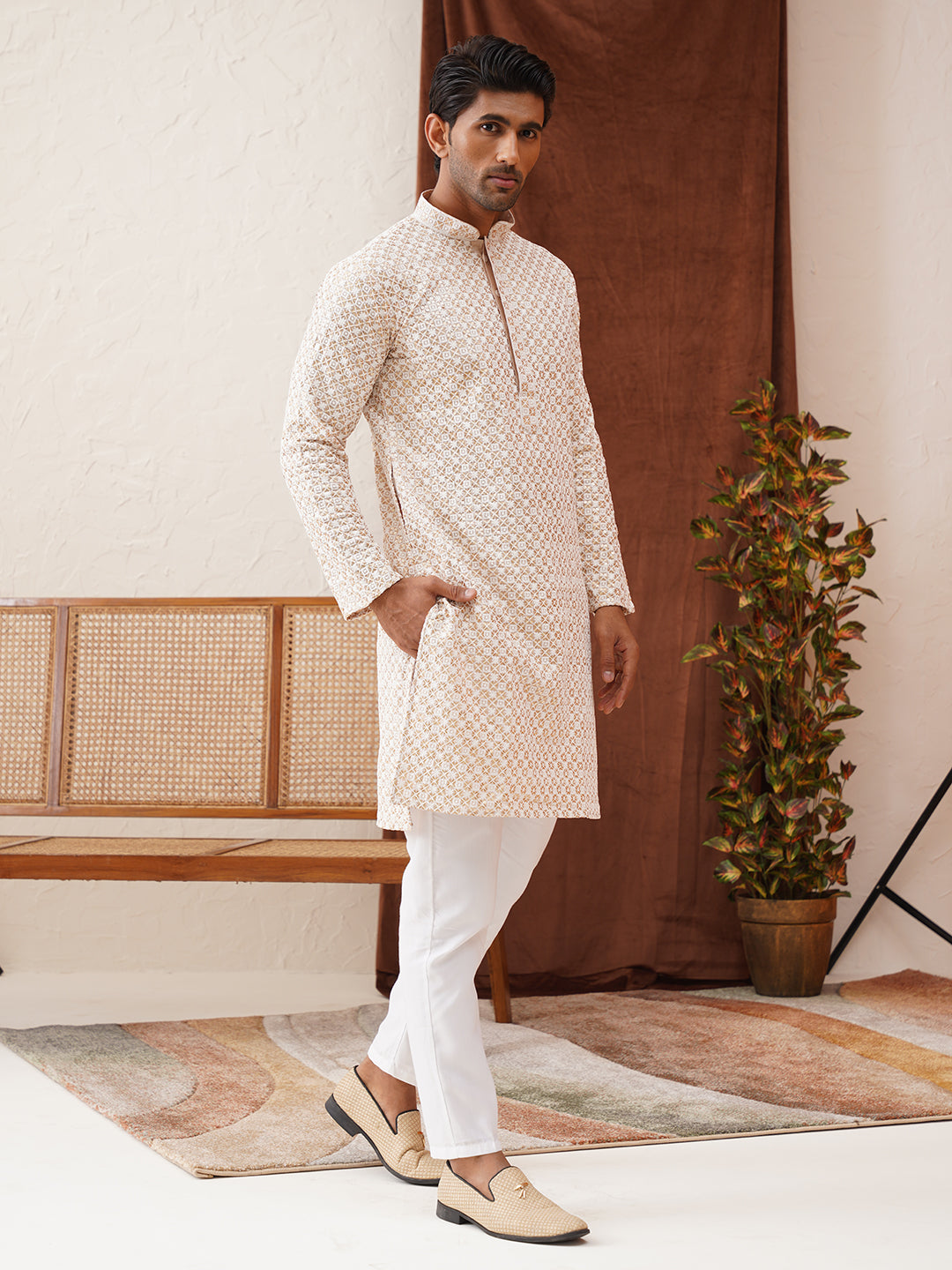 Sequins & Embroidered Kurta Pyjama Set For Men ( JOKP P 5128Beige )