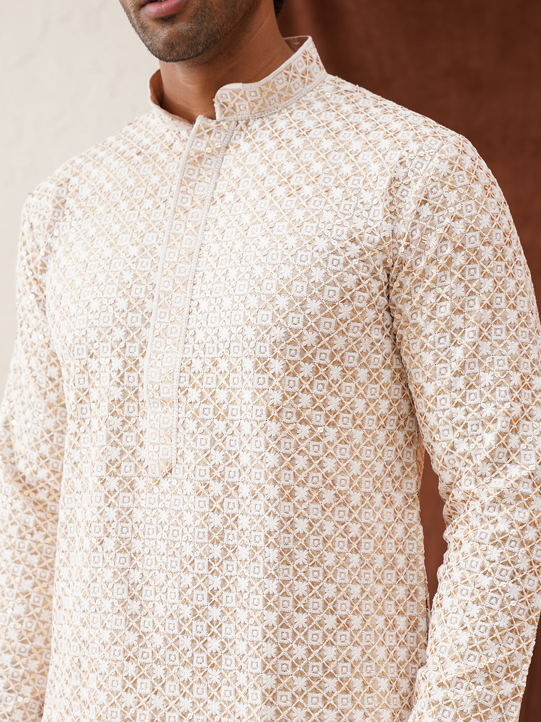 Sequins & Embroidered Kurta Pyjama Set For Men ( JOKP P 5128Beige )