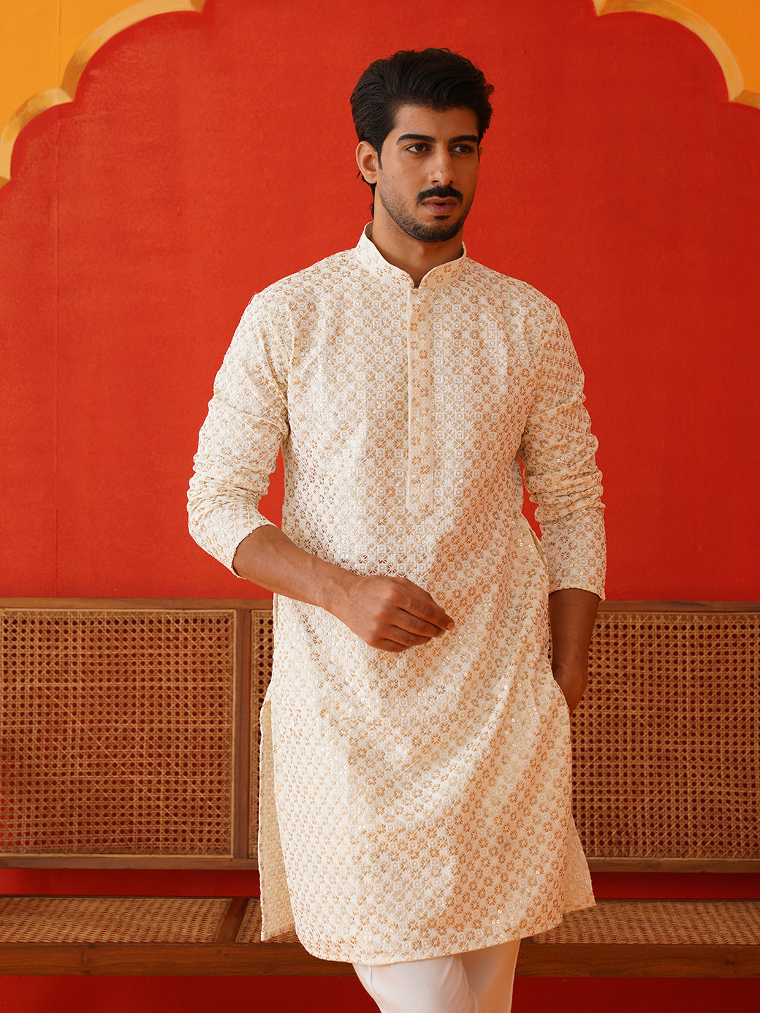 Sequins & Embroidered Kurta Pyjama Set For Men ( JOKP P 5128Cream )