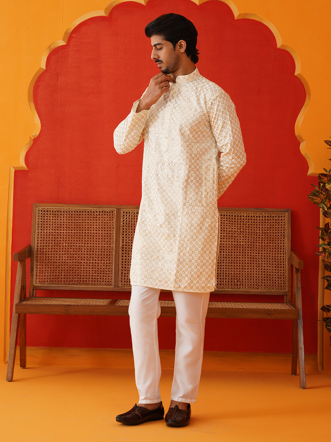 Sequins & Embroidered Kurta Pyjama Set For Men ( JOKP P 5128Cream )