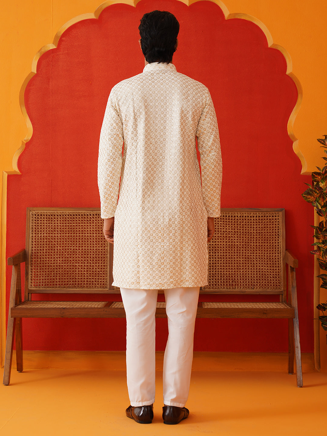 Sequins & Embroidered Kurta Pyjama Set For Men ( JOKP P 5128Cream )