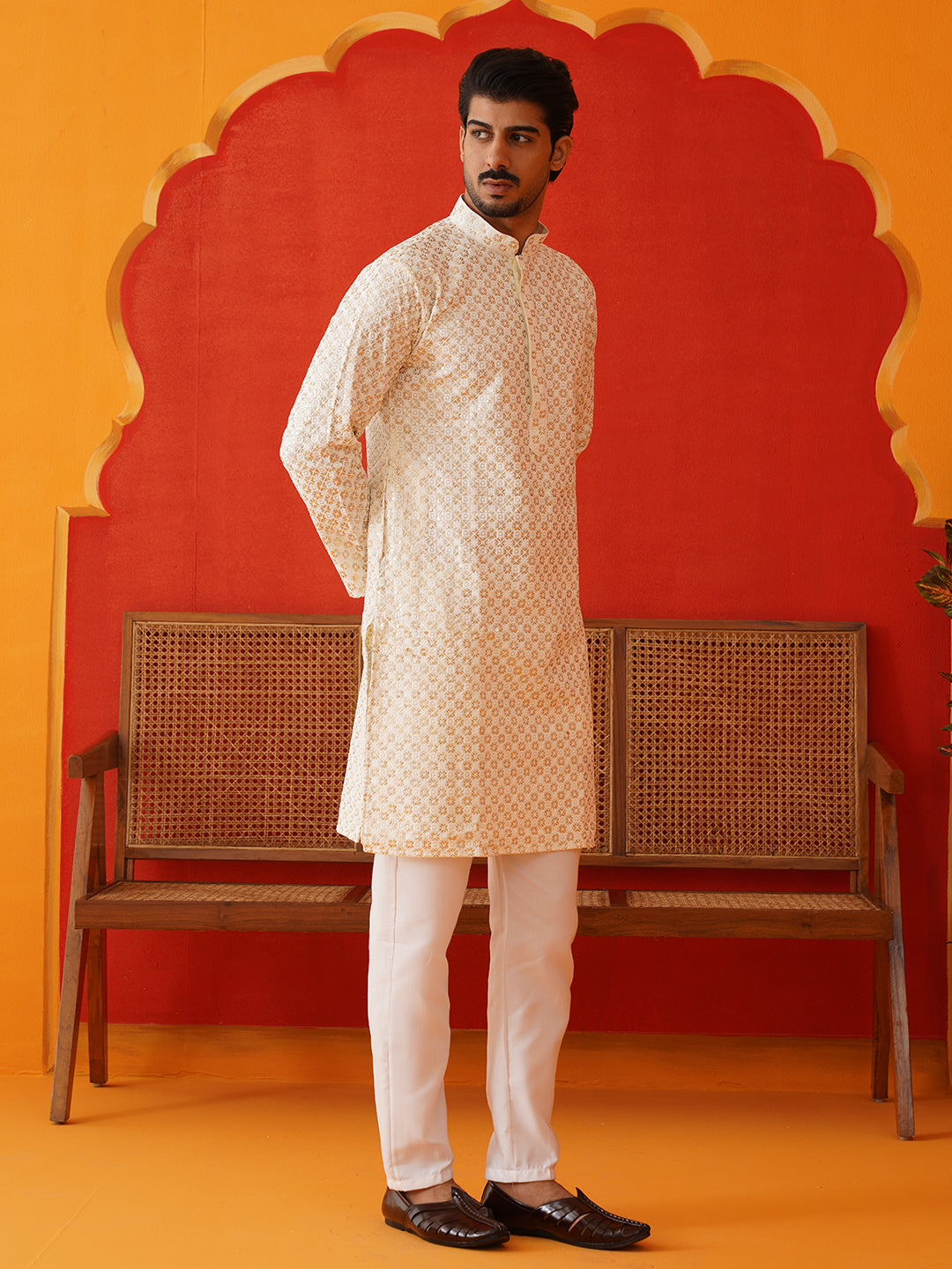 Sequins & Embroidered Kurta Pyjama Set For Men ( JOKP P 5128Cream )