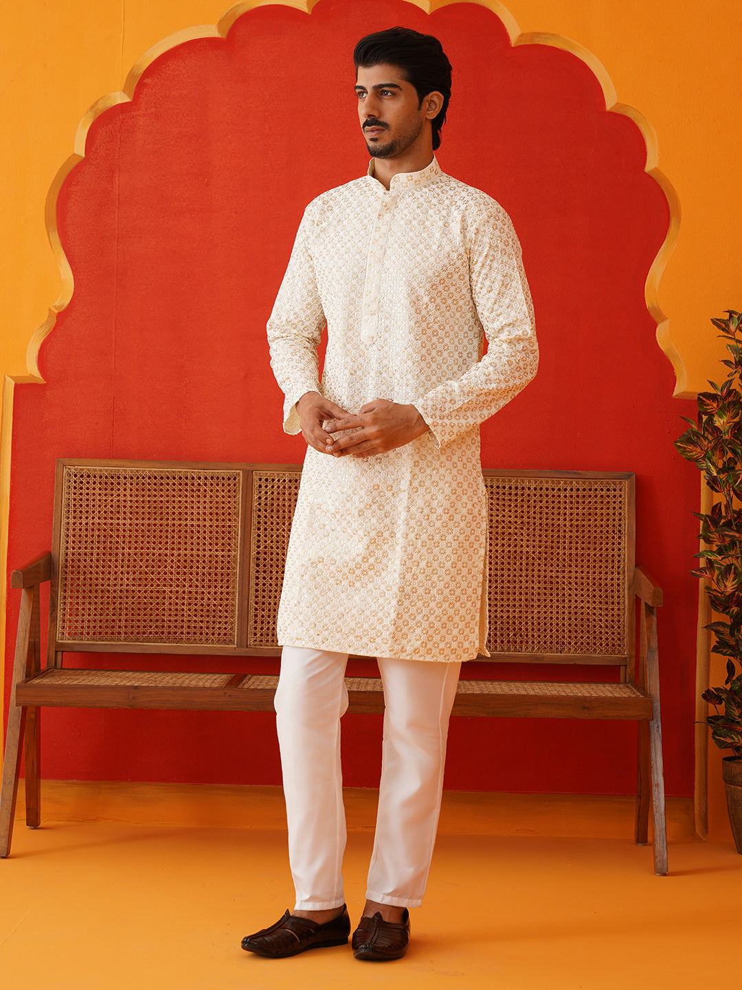 Sequins & Embroidered Kurta Pyjama Set For Men ( JOKP P 5128Cream )