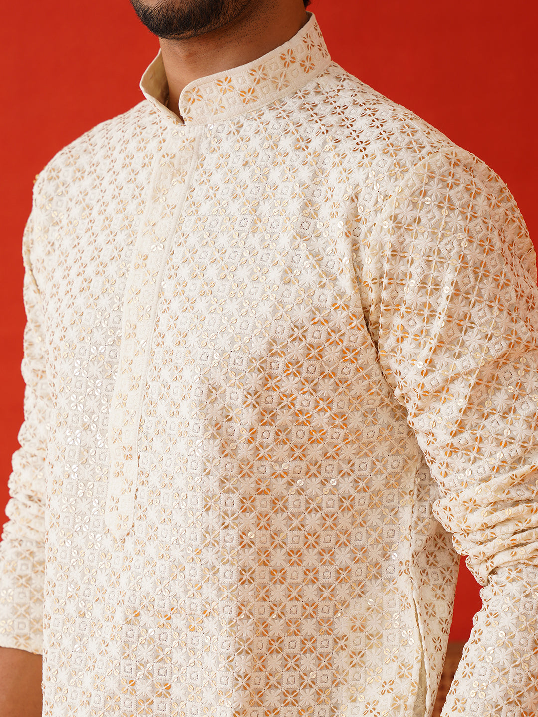 Sequins & Embroidered Kurta Pyjama Set For Men ( JOKP P 5128Cream )