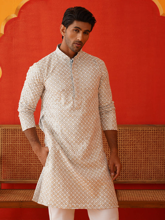 Sequins & Embroidered Kurta Pyjama Set For Men ( JOKP P 5128Grey )