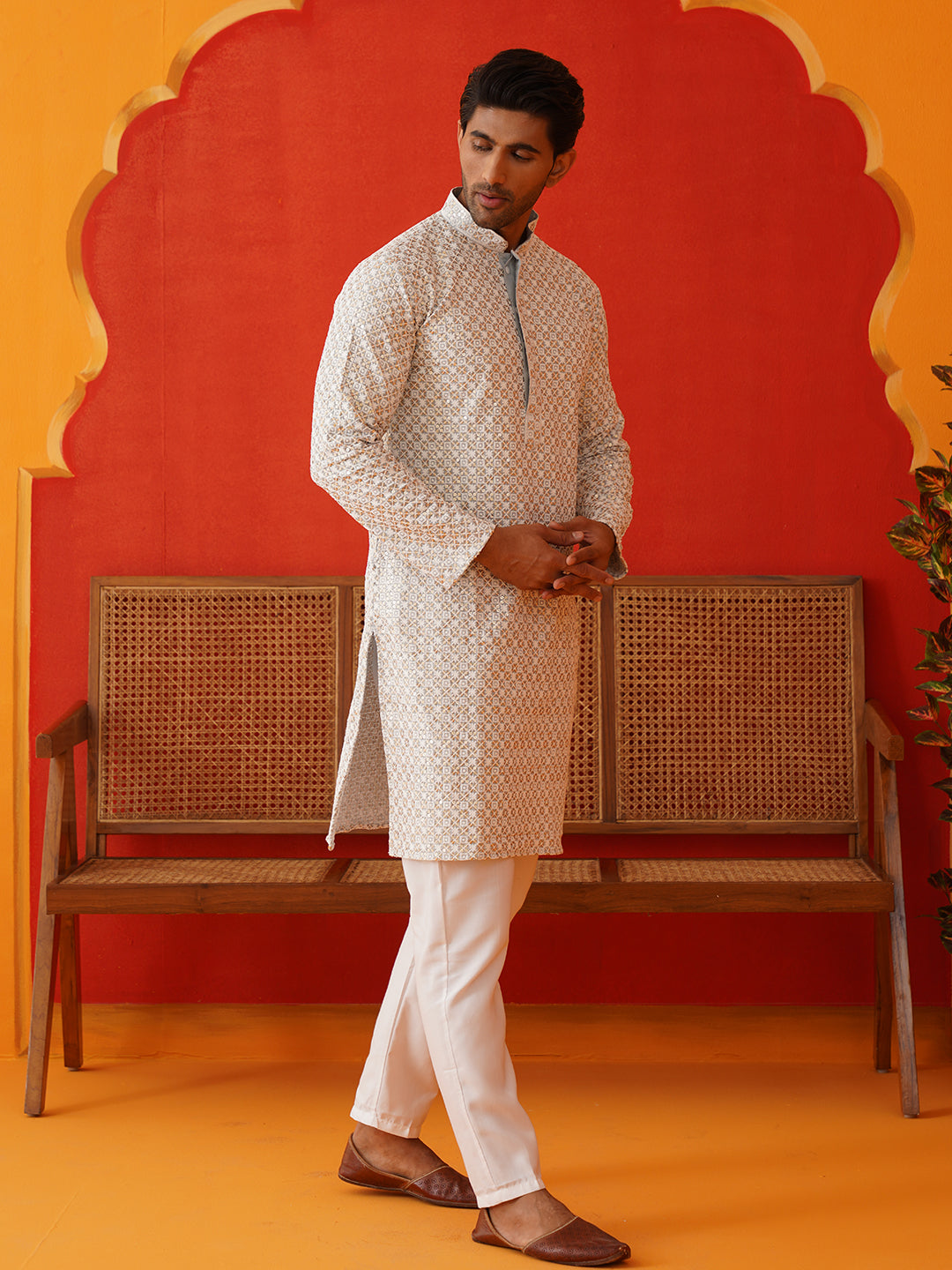 Sequins & Embroidered Kurta Pyjama Set For Men ( JOKP P 5128Grey )