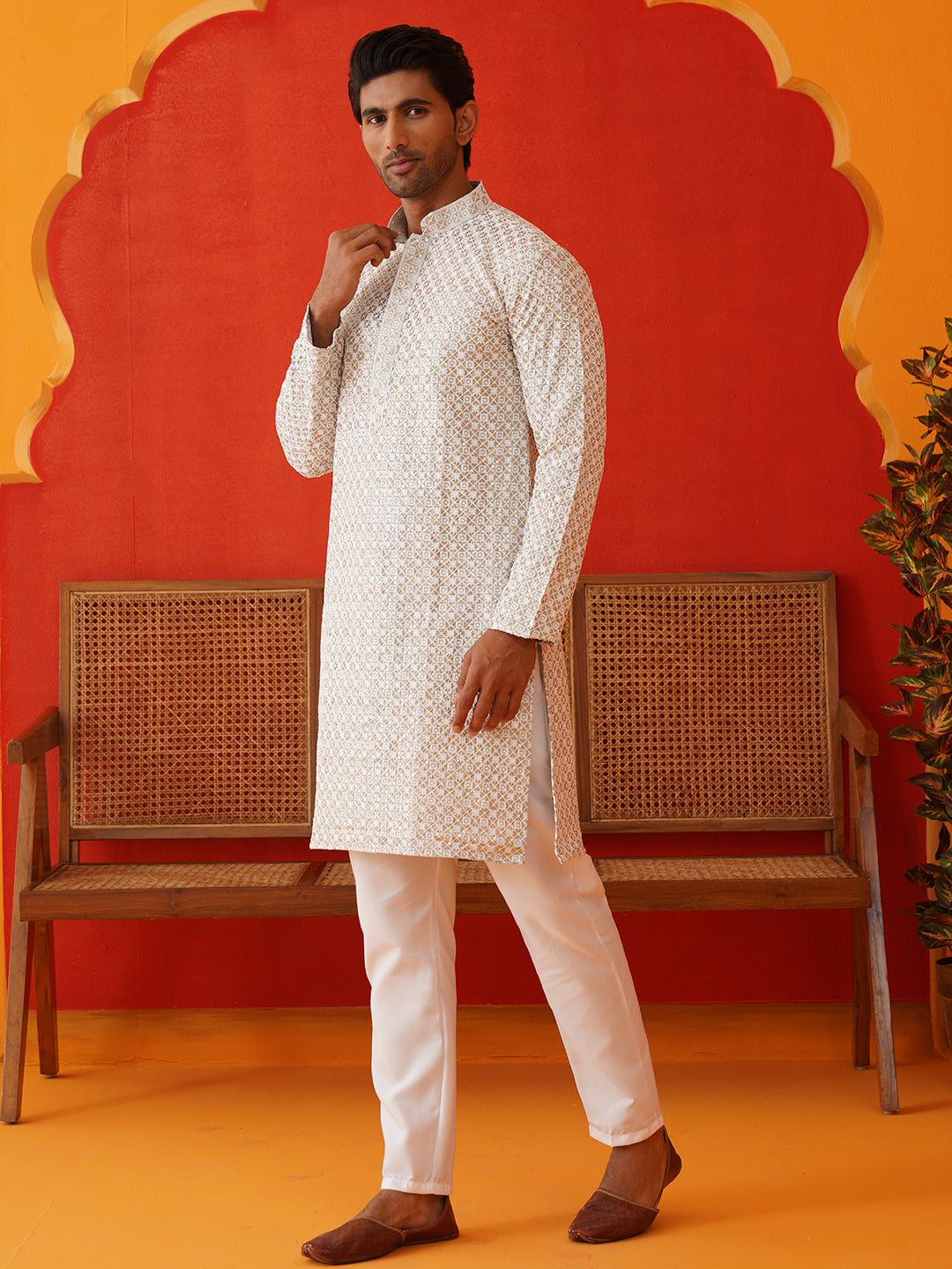 Sequins & Embroidered Kurta Pyjama Set For Men ( JOKP P 5128Grey )