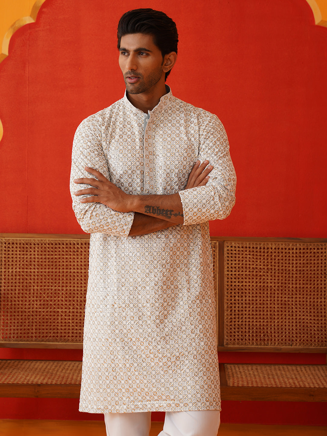 Sequins & Embroidered Kurta Pyjama Set For Men ( JOKP P 5128Grey )