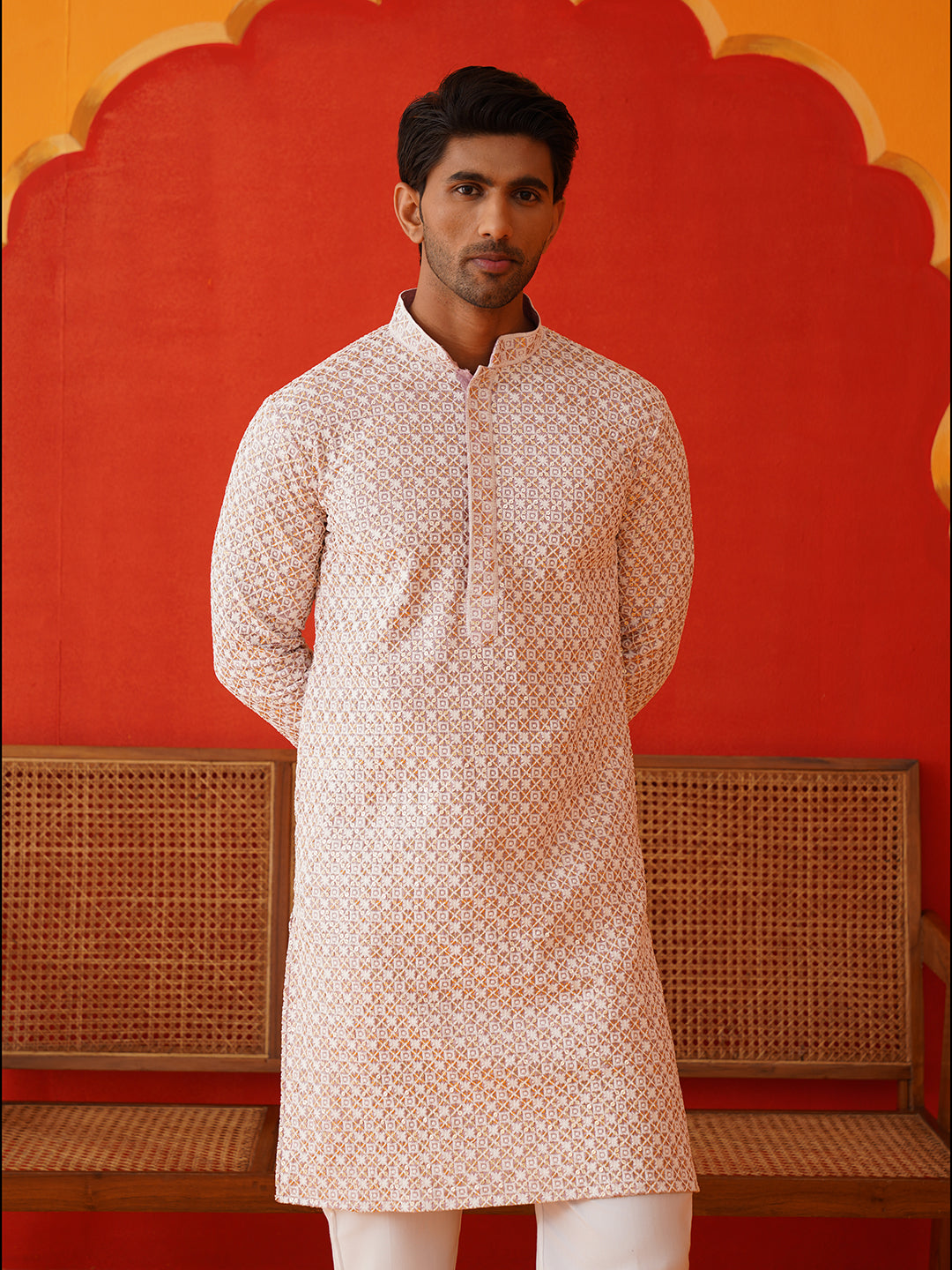 Sequins & Embroidered Kurta Pyjama Set For Men ( JOKP P 5128Pink )