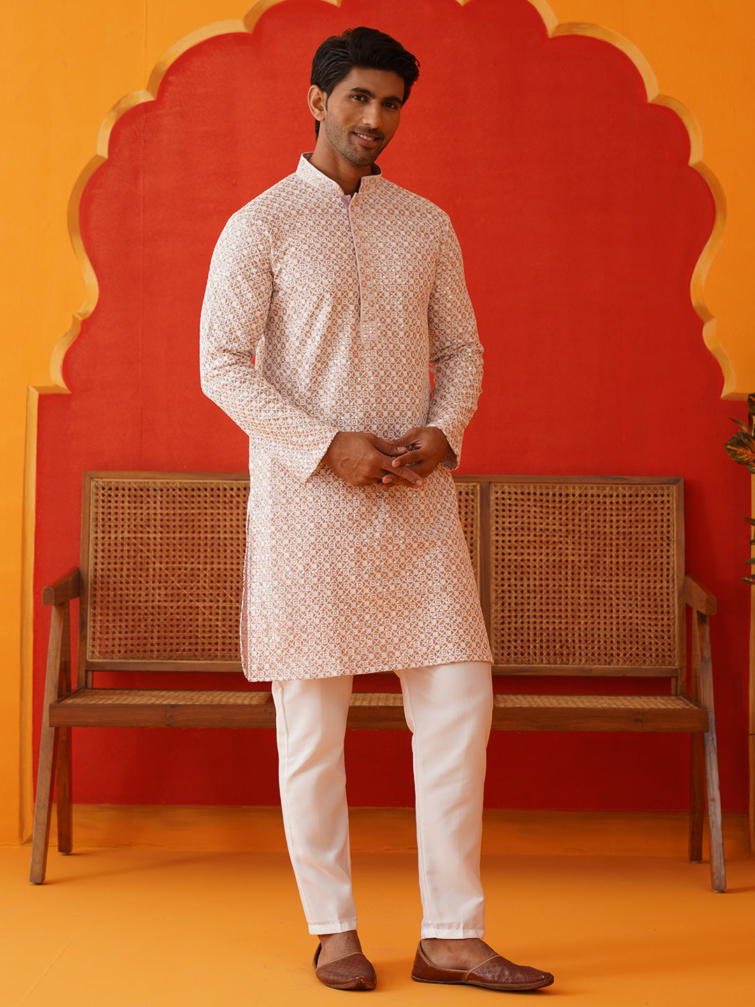 Sequins & Embroidered Kurta Pyjama Set For Men ( JOKP P 5128Pink )