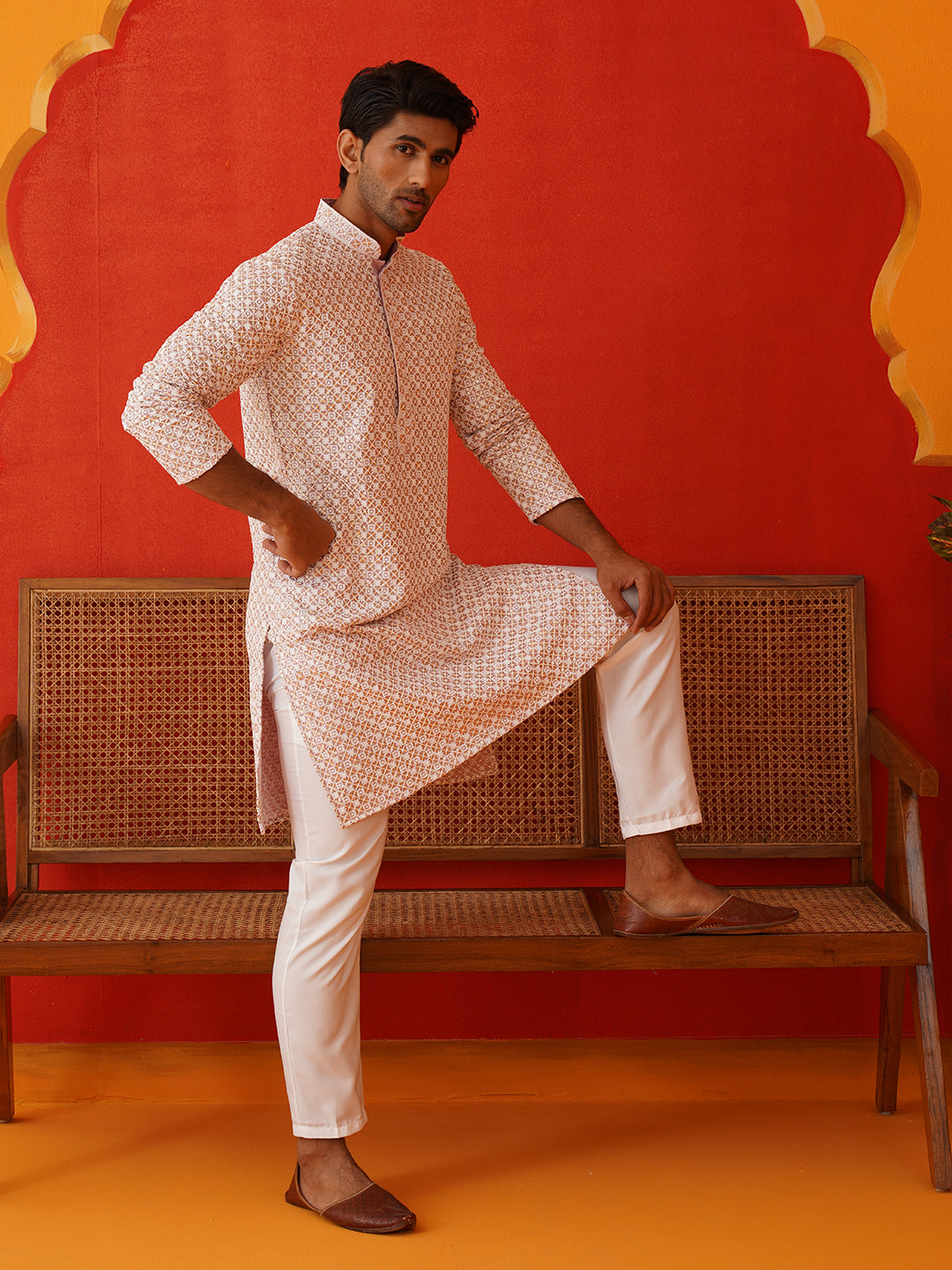 Sequins & Embroidered Kurta Pyjama Set For Men ( JOKP P 5128Pink )