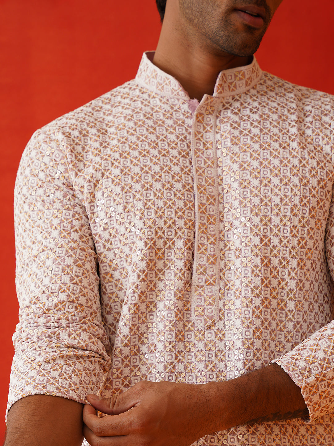 Sequins & Embroidered Kurta Pyjama Set For Men ( JOKP P 5128Pink )