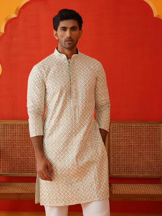 Sequins & Embroidered Kurta Pyjama Set For Men ( JOKP P 5128Pista )