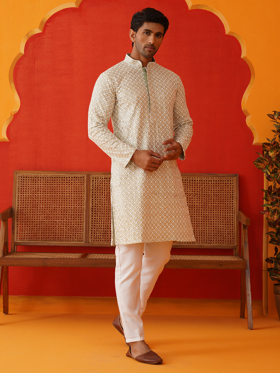 Sequins & Embroidered Kurta Pyjama Set For Men ( JOKP P 5128Pista )