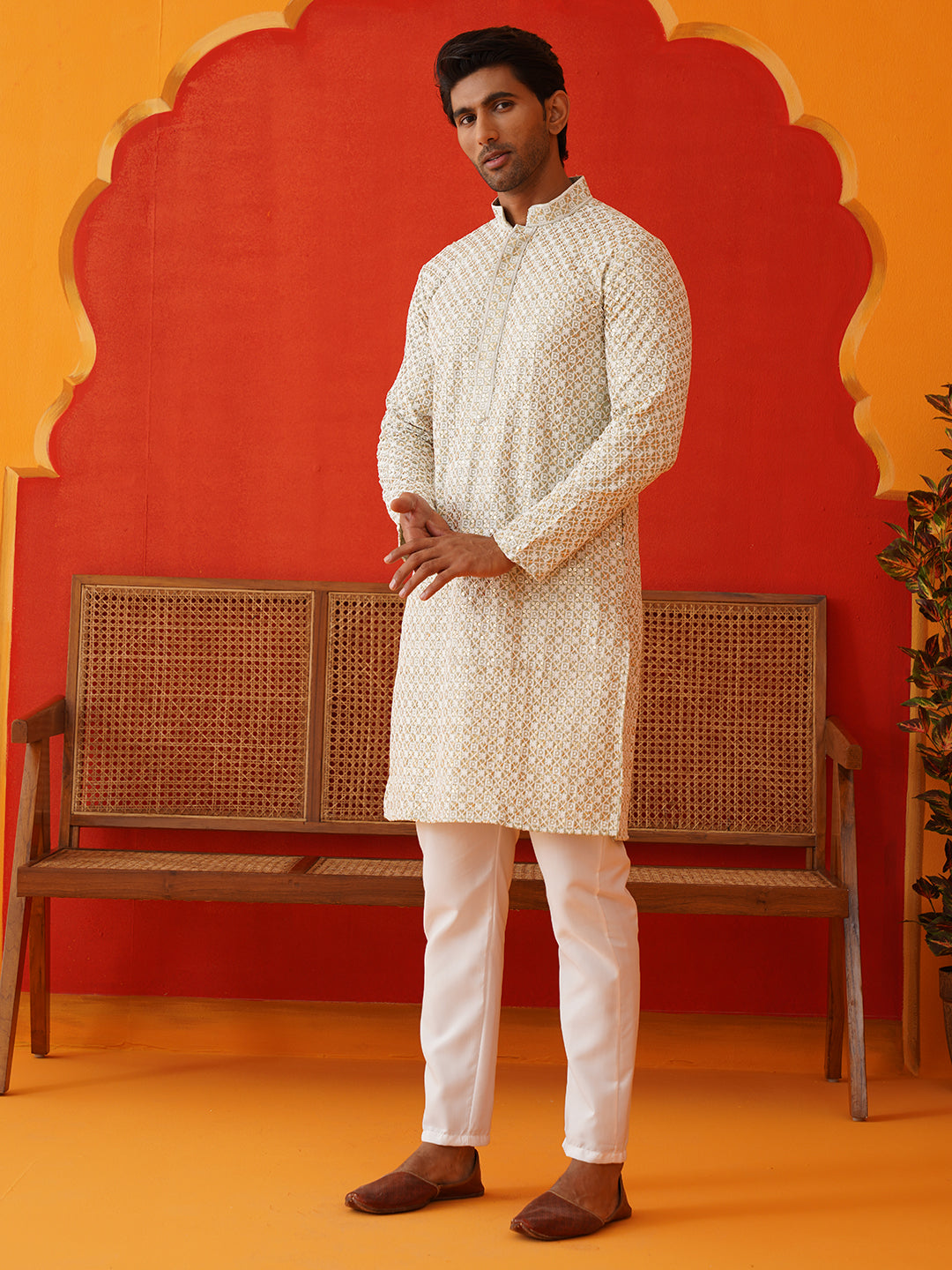 Sequins & Embroidered Kurta Pyjama Set For Men ( JOKP P 5128Pista )