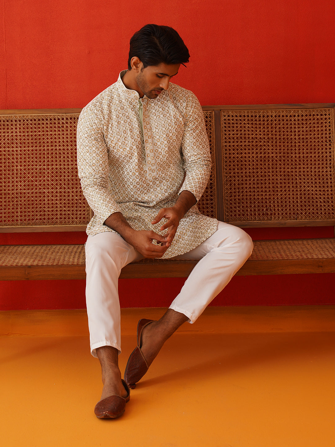 Sequins & Embroidered Kurta Pyjama Set For Men ( JOKP P 5128Pista )