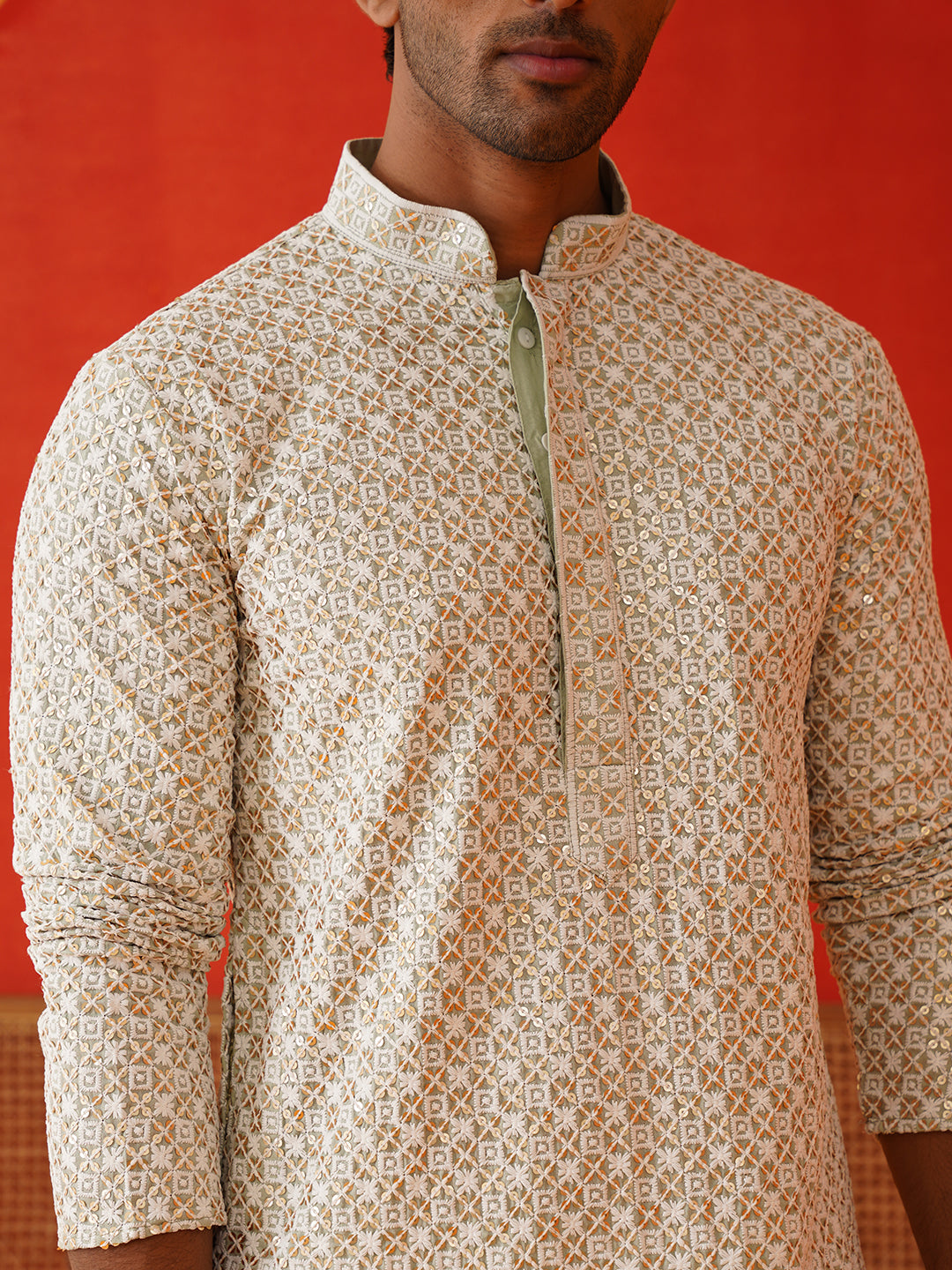 Sequins & Embroidered Kurta Pyjama Set For Men ( JOKP P 5128Pista )
