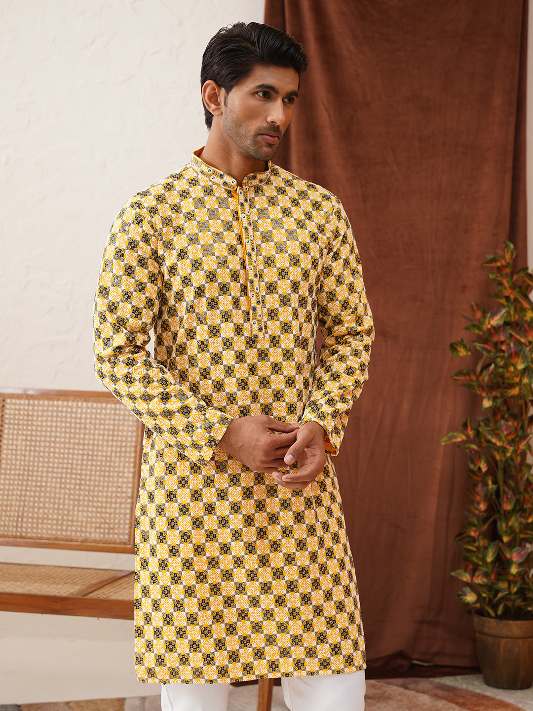 Viscose Embroidered Kurta Pajama Set For Men ( JOKP P 5129Lemon )