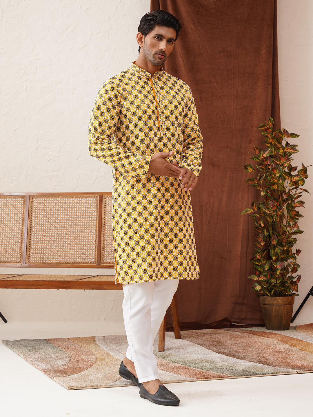 Viscose Embroidered Kurta Pajama Set For Men ( JOKP P 5129Lemon )