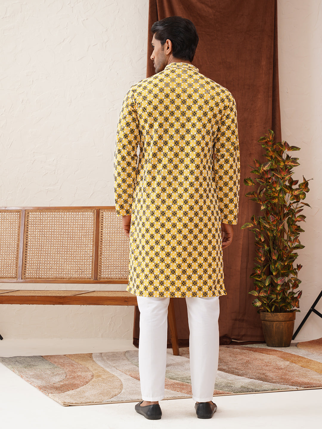 Viscose Embroidered Kurta Pajama Set For Men ( JOKP P 5129Lemon )