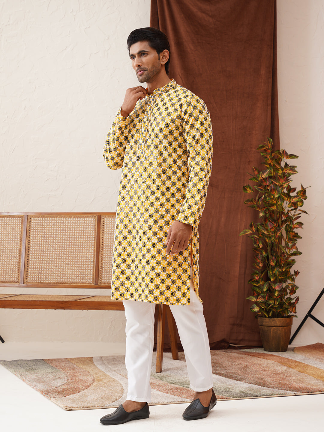 Viscose Embroidered Kurta Pajama Set For Men ( JOKP P 5129Lemon )