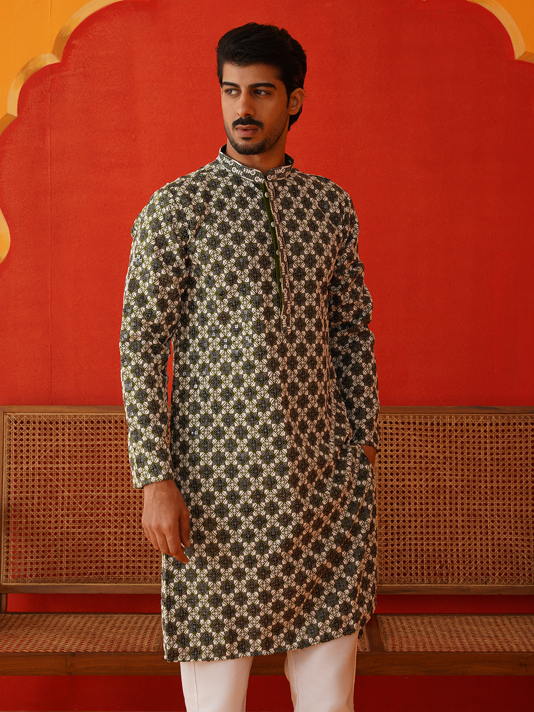 Viscose Embroidered Kurta Pajama Set For Men ( JOKP P 5129Olive )
