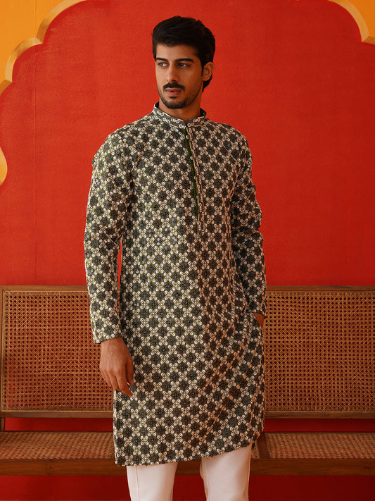 Viscose Embroidered Kurta Pajama Set For Men ( JOKP P 5129Olive )