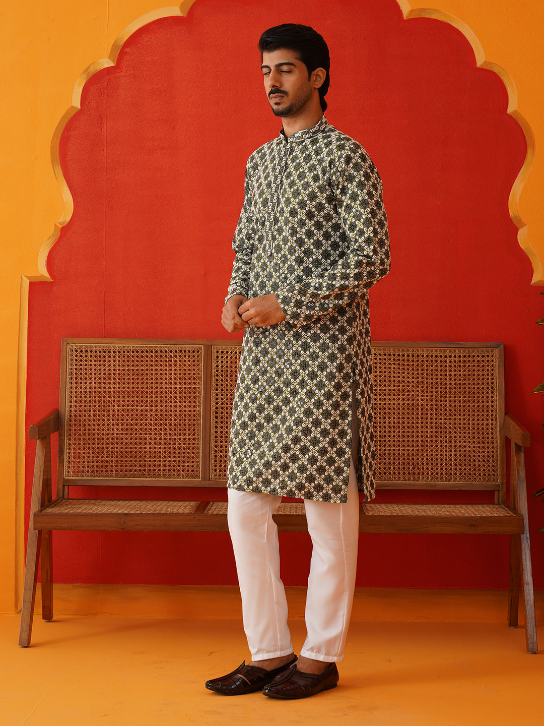 Viscose Embroidered Kurta Pajama Set For Men ( JOKP P 5129Olive )