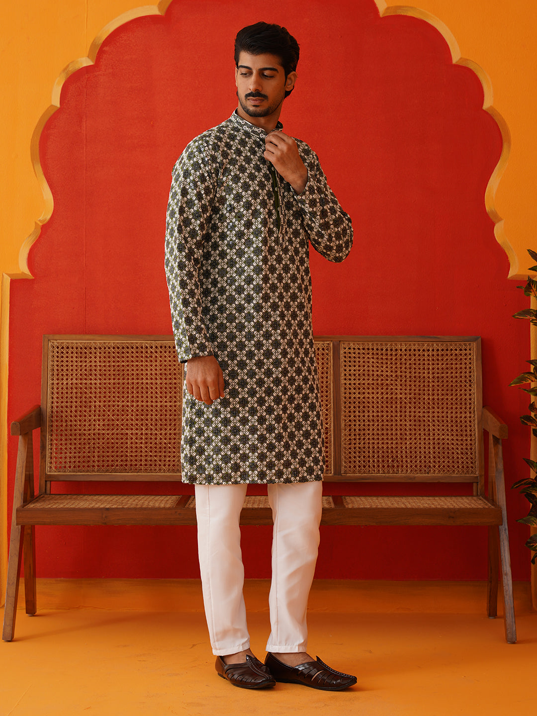 Viscose Embroidered Kurta Pajama Set For Men ( JOKP P 5129Olive )