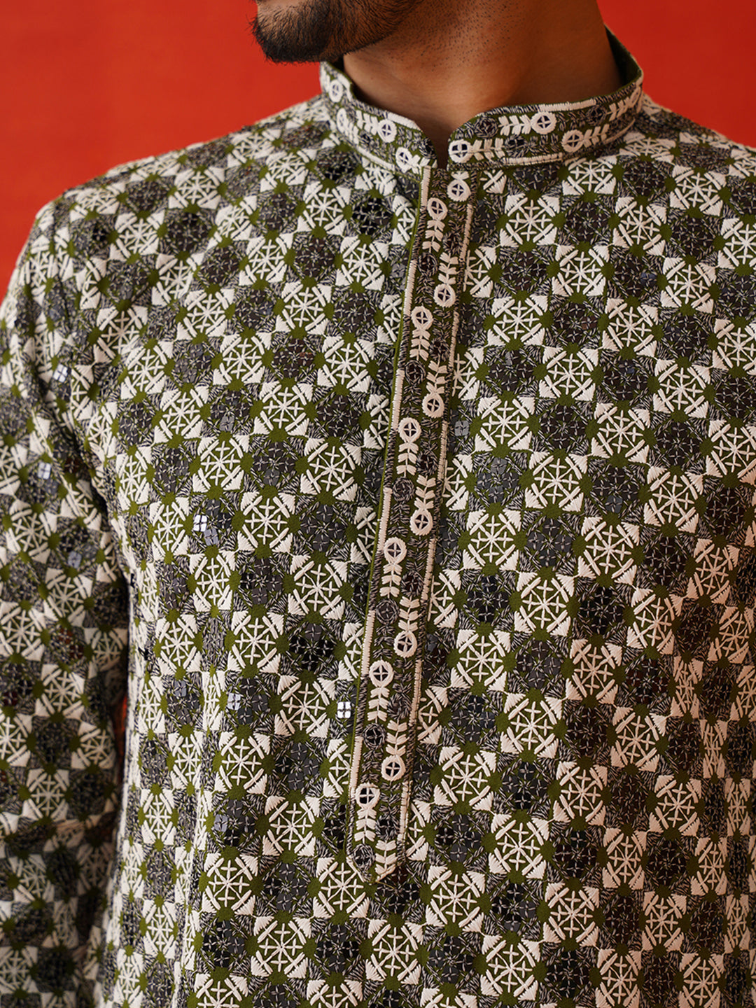 Viscose Embroidered Kurta Pajama Set For Men ( JOKP P 5129Olive )