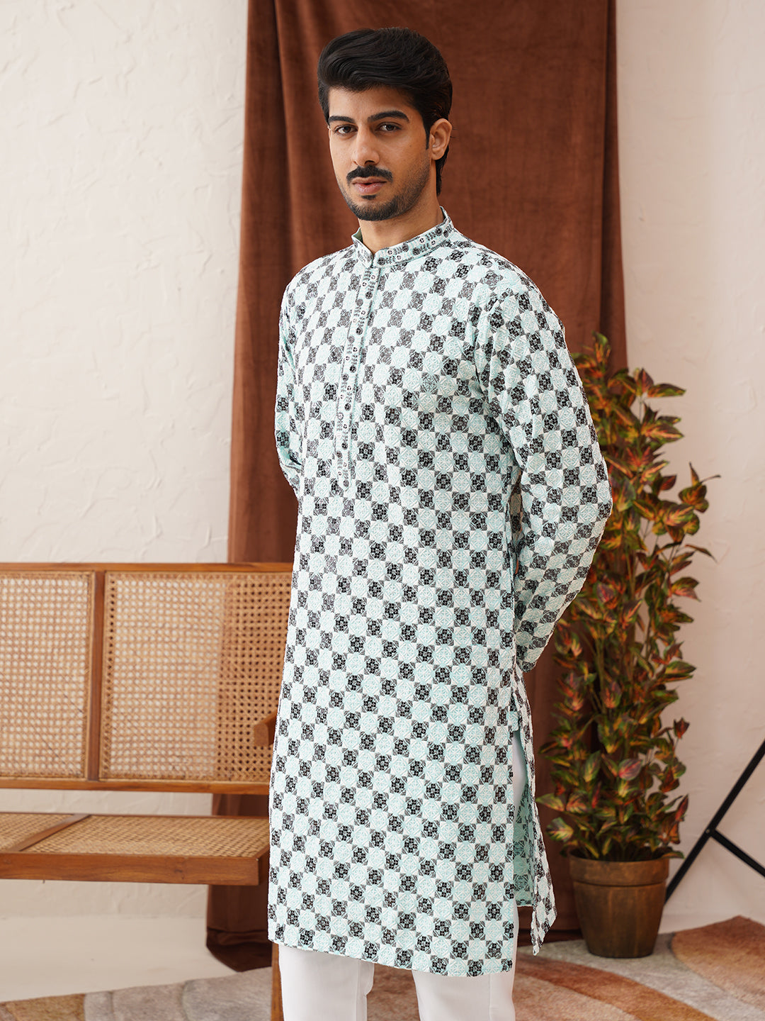 Viscose Embroidered Kurta Pajama Set For Men ( JOKP P 5129Sky )