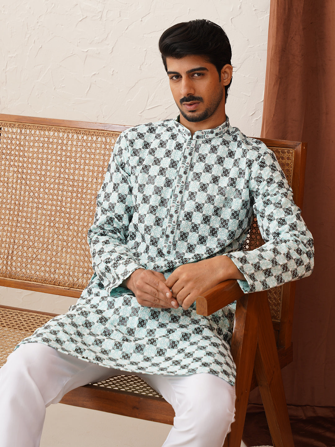 Viscose Embroidered Kurta Pajama Set For Men ( JOKP P 5129Sky )