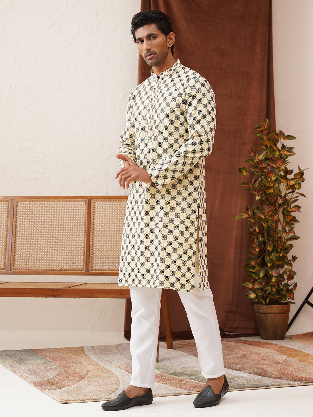 Viscose Embroidered Kurta Pajama Set For Men ( JOKP P 5129Yellow )