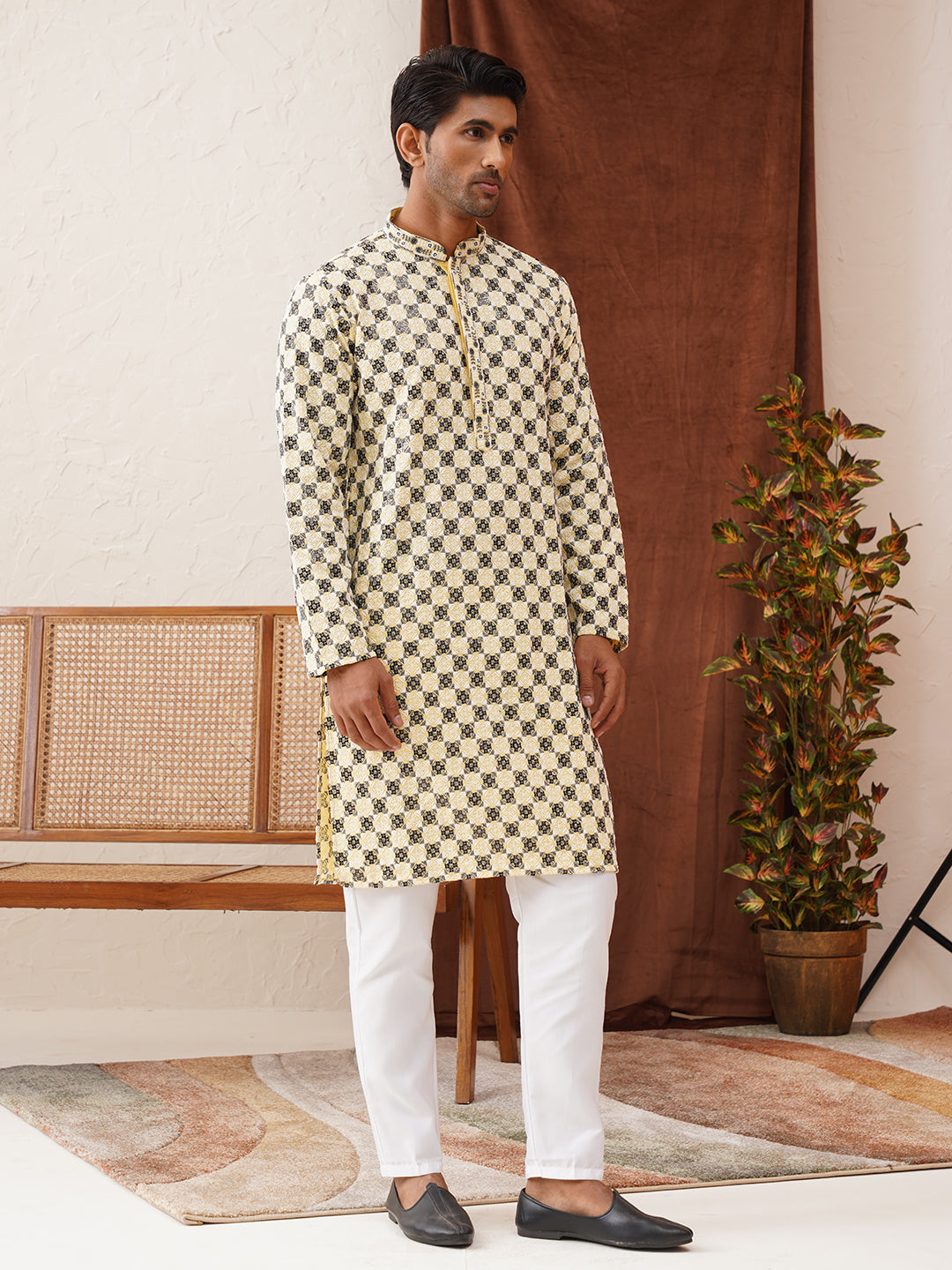 Viscose Embroidered Kurta Pajama Set For Men ( JOKP P 5129Yellow )