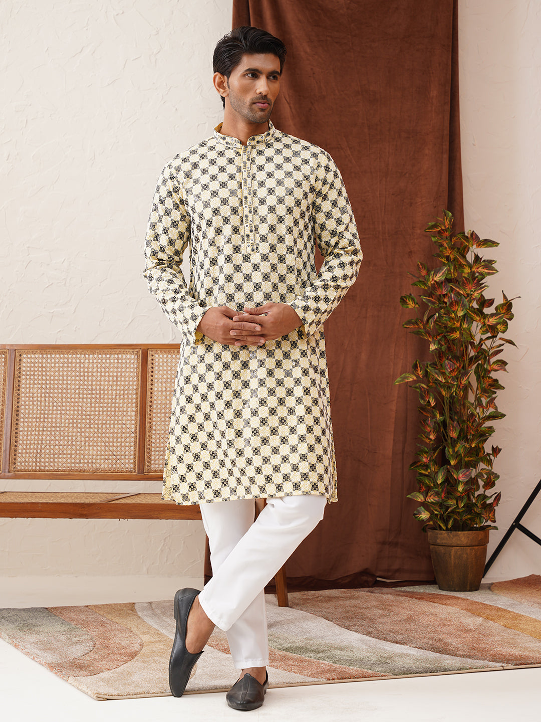 Viscose Embroidered Kurta Pajama Set For Men ( JOKP P 5129Yellow )