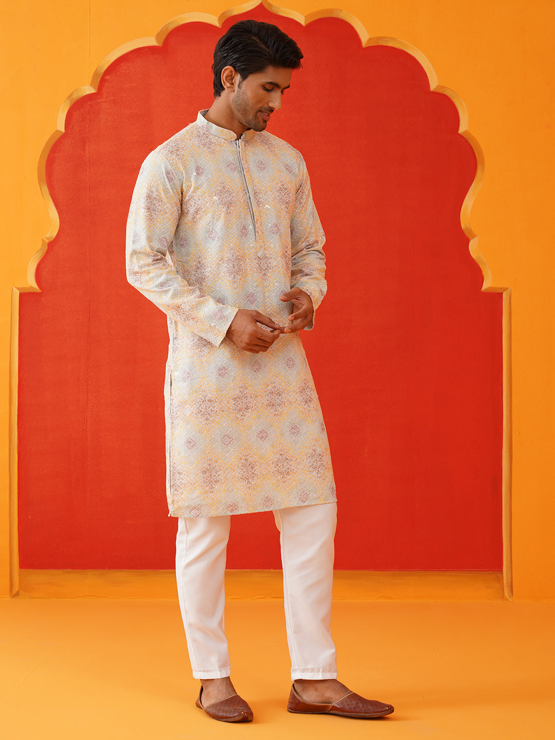 Embroidered Staight Kurta Pajama Set For Men ( JOKP P 5130Grey )