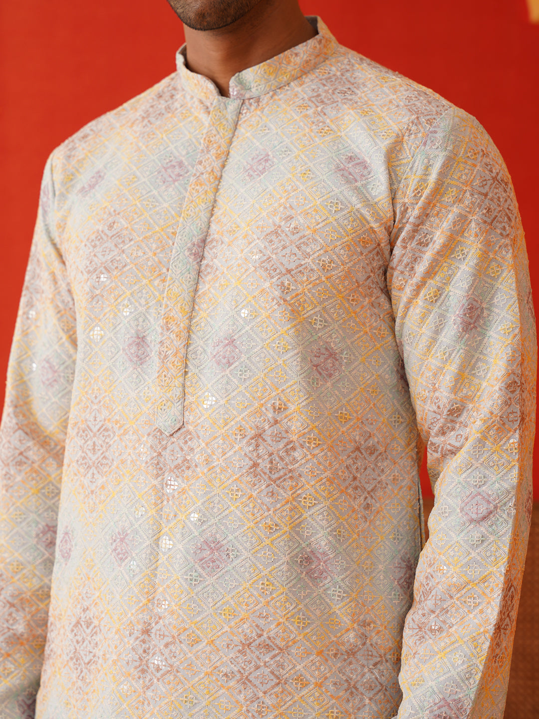 Embroidered Staight Kurta Pajama Set For Men ( JOKP P 5130Grey )