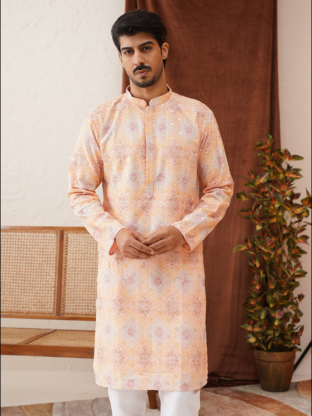 Embroidered Staight Kurta Pajama Set For Men ( JOKP P 5130Peach )