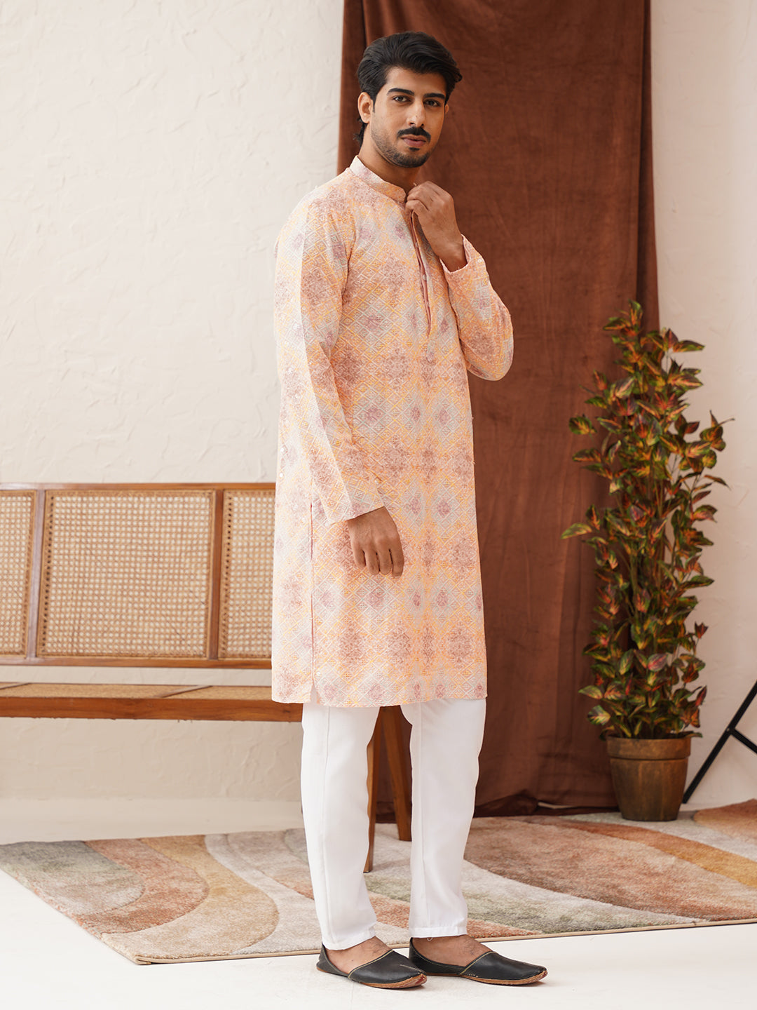 Embroidered Staight Kurta Pajama Set For Men ( JOKP P 5130Peach )