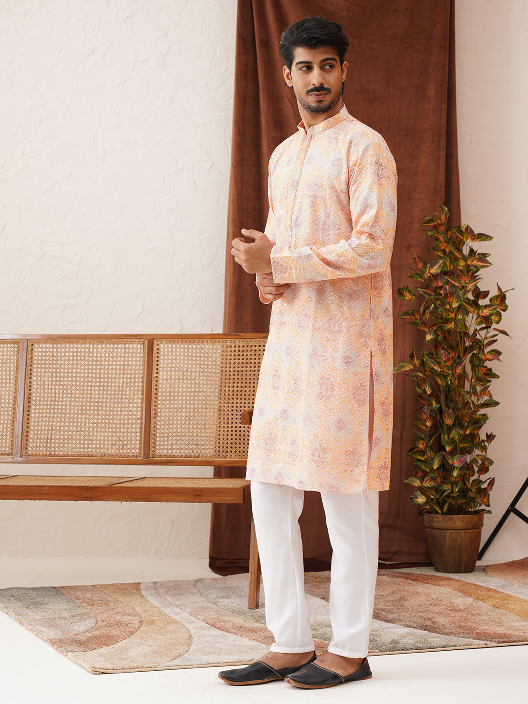 Embroidered Staight Kurta Pajama Set For Men ( JOKP P 5130Peach )