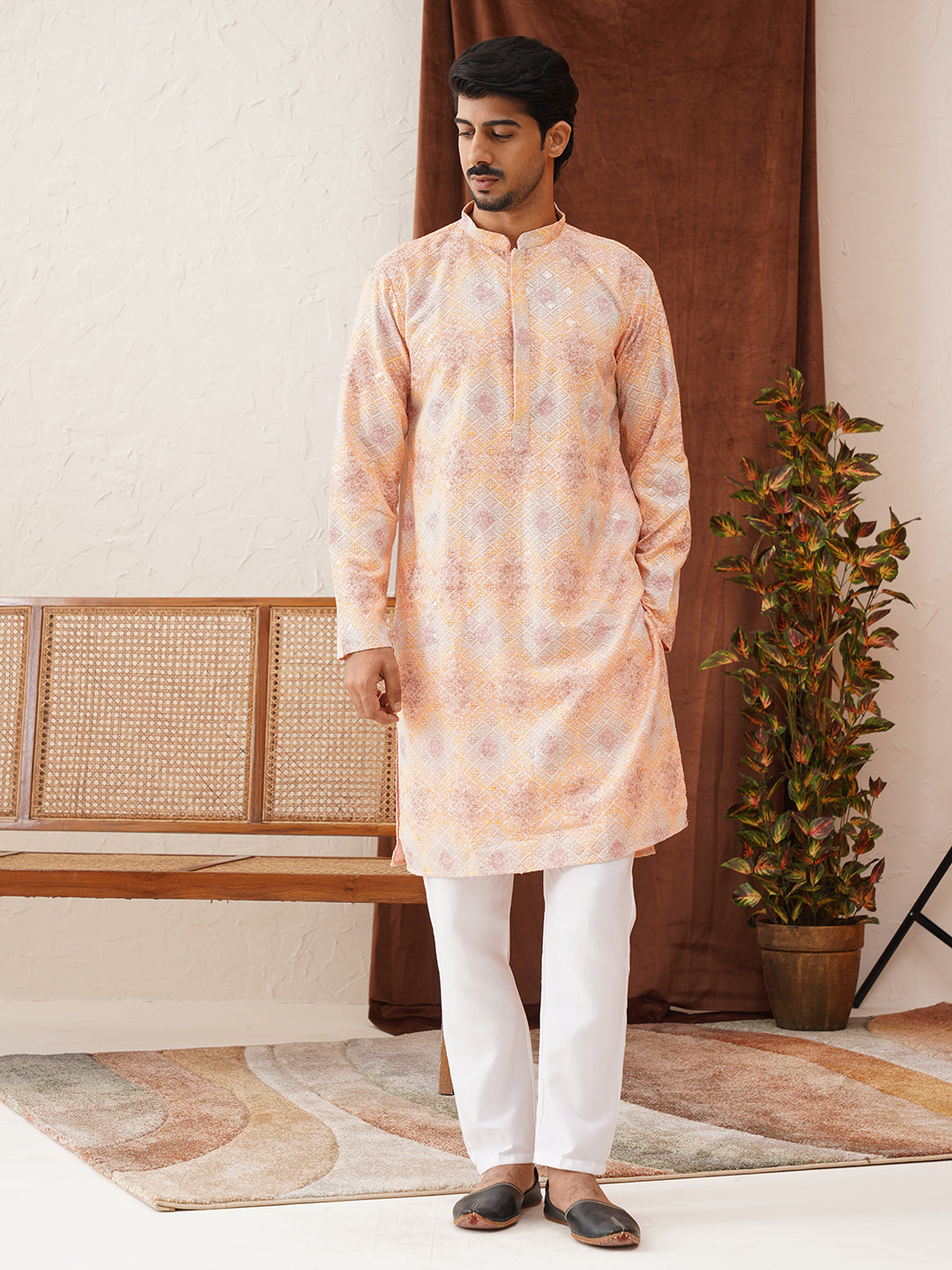 Embroidered Staight Kurta Pajama Set For Men ( JOKP P 5130Peach )