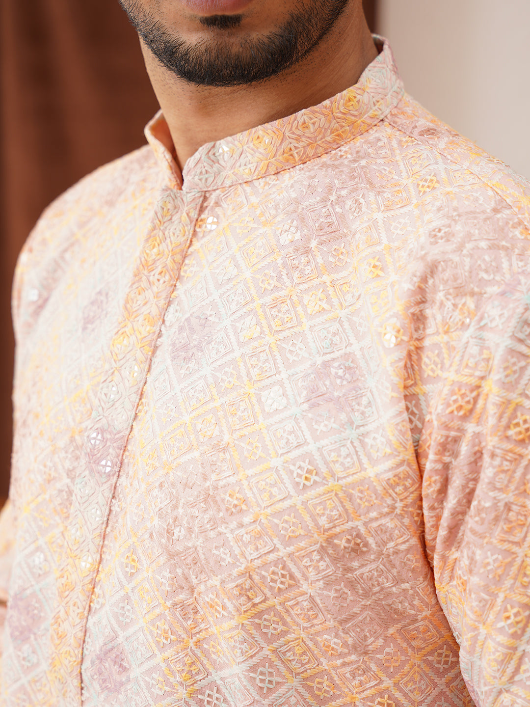 Embroidered Staight Kurta Pajama Set For Men ( JOKP P 5130Peach )