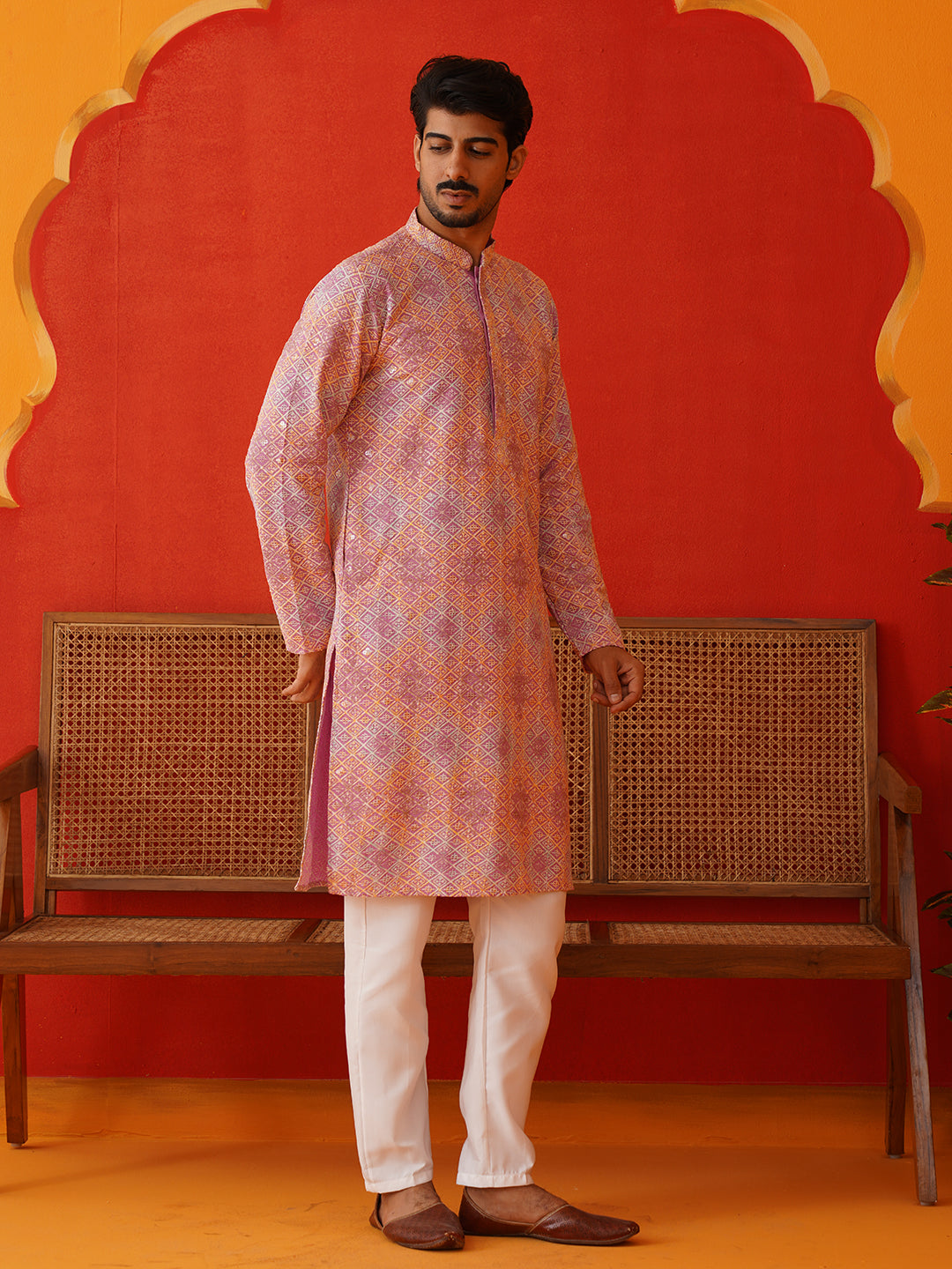 Embroidered Staight Kurta Pajama Set For Men ( JOKP P 5130Pink )