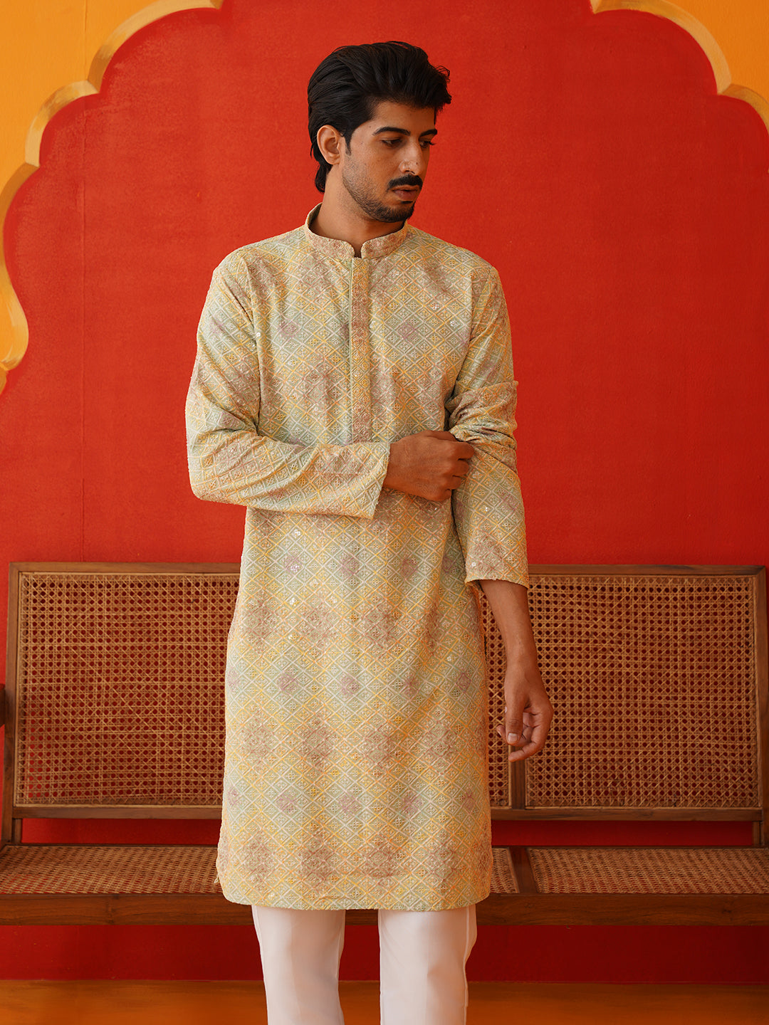 Embroidered Staight Kurta Pajama Set For Men ( JOKP P 5130Pista )