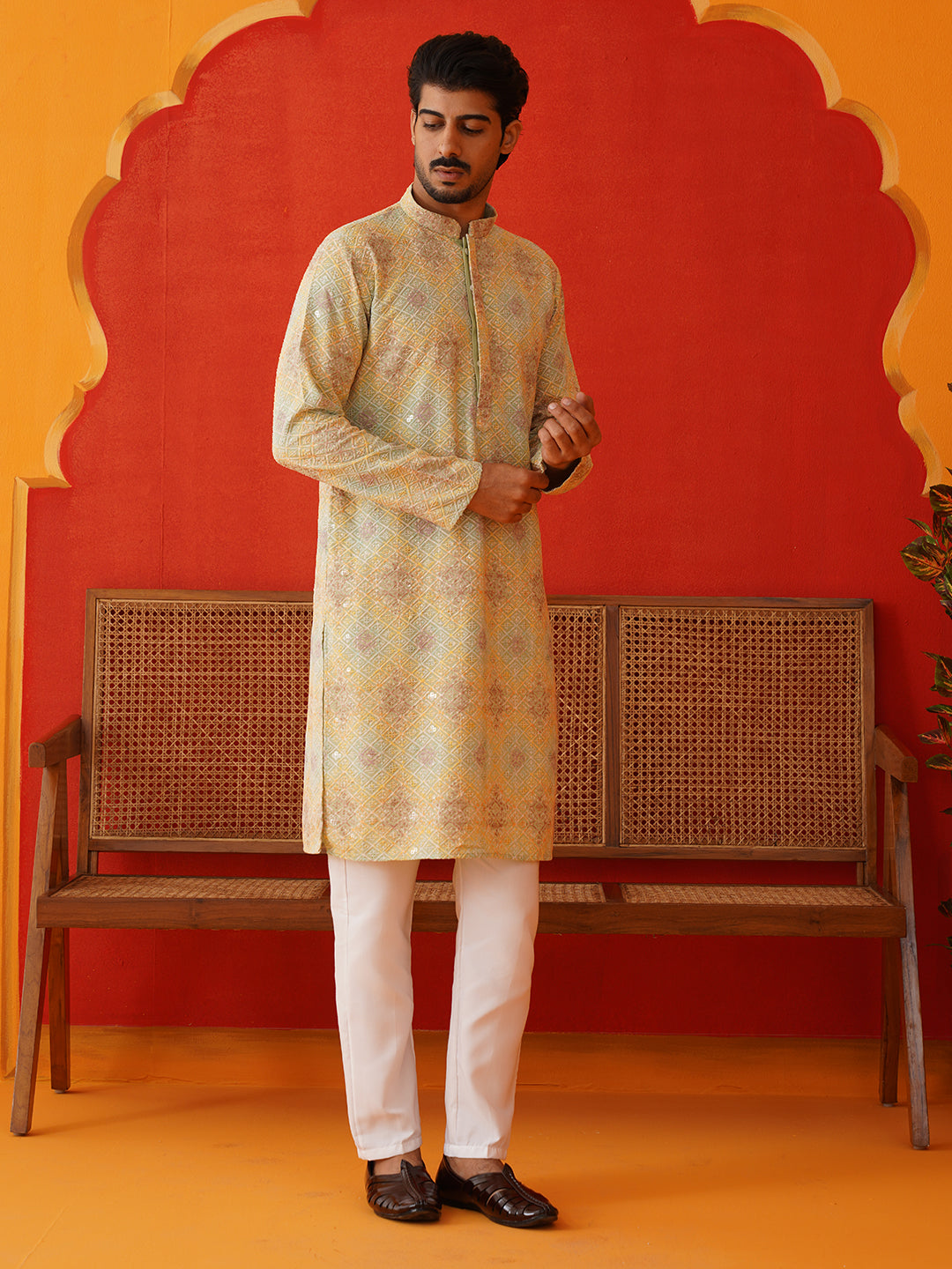 Embroidered Staight Kurta Pajama Set For Men ( JOKP P 5130Pista )