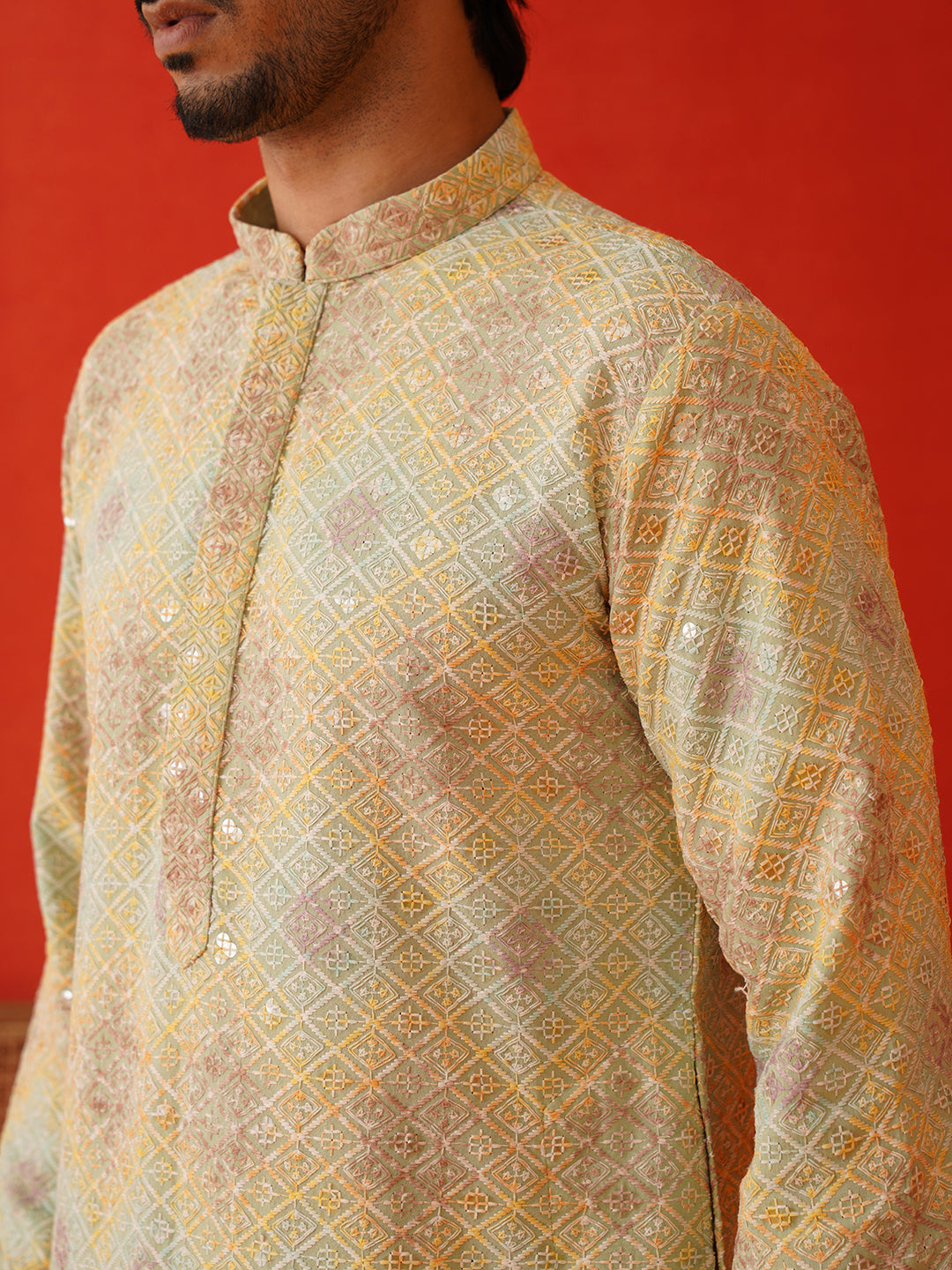 Embroidered Staight Kurta Pajama Set For Men ( JOKP P 5130Pista )