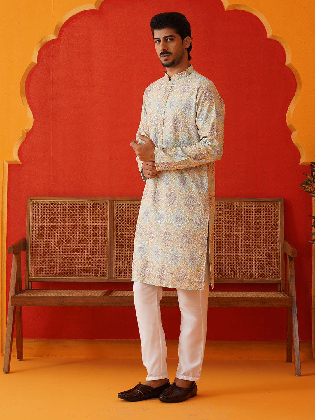 Embroidered Staight Kurta Pajama Set For Men ( JOKP P 5130Sky )