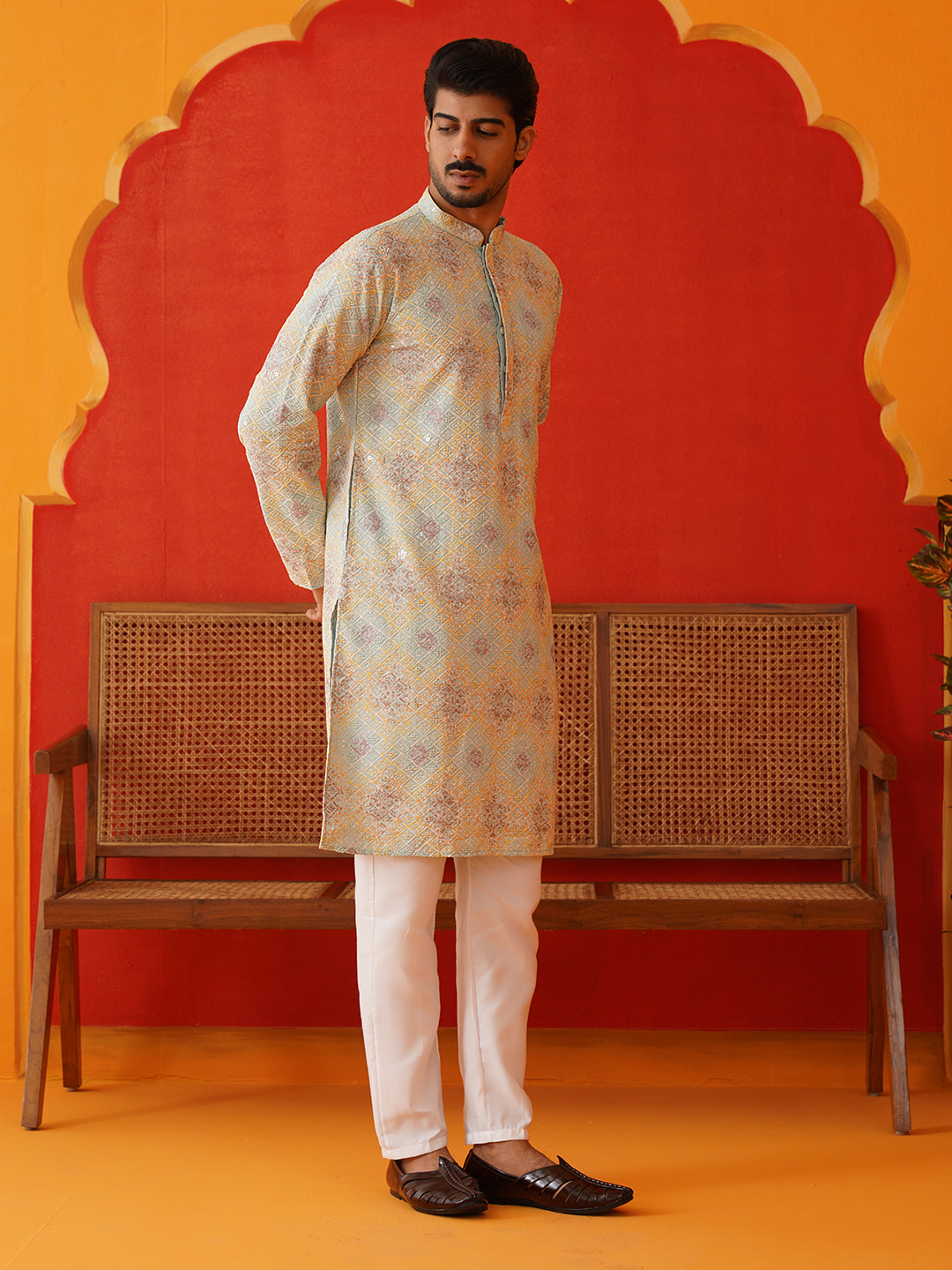 Embroidered Staight Kurta Pajama Set For Men ( JOKP P 5130Sky )