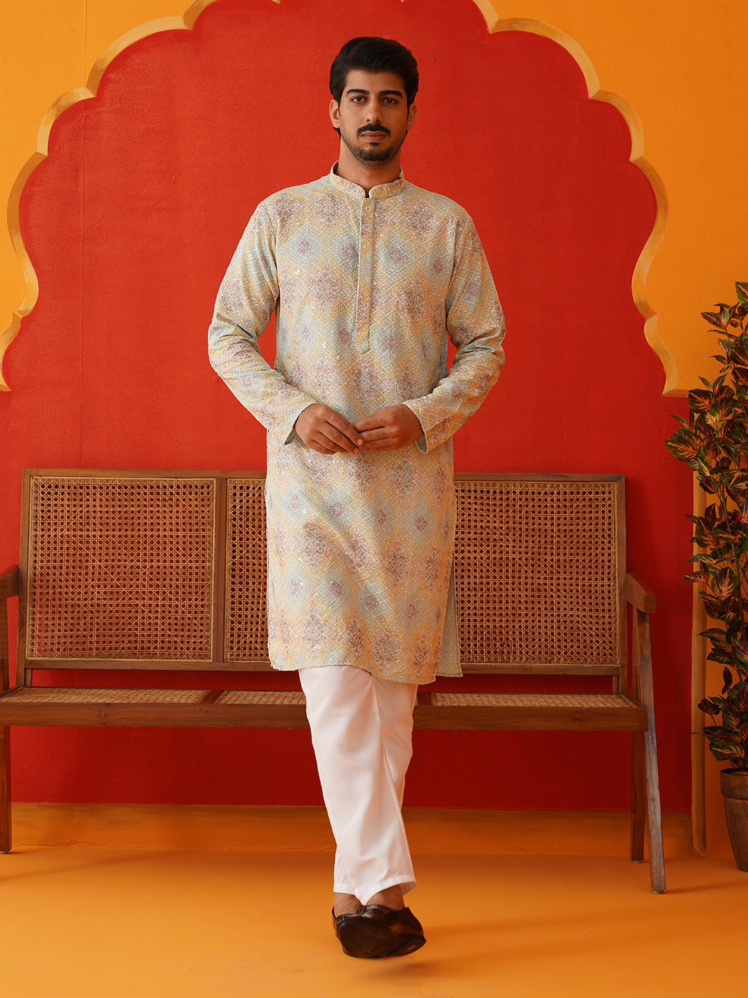 Embroidered Staight Kurta Pajama Set For Men ( JOKP P 5130Sky )